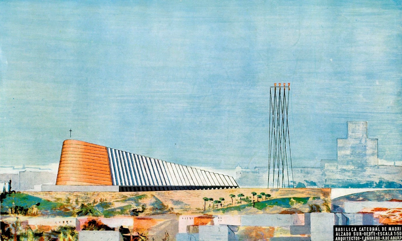 Imagen del proyecto no realizado de Cabrero y Aburto para una basílica catedral en lo que hoy es el parque del Templo de Debod.