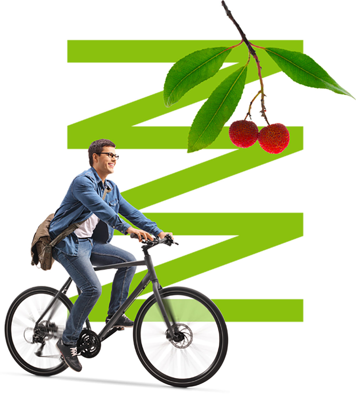Ilustración decorativa junto a una persona en bicicleta