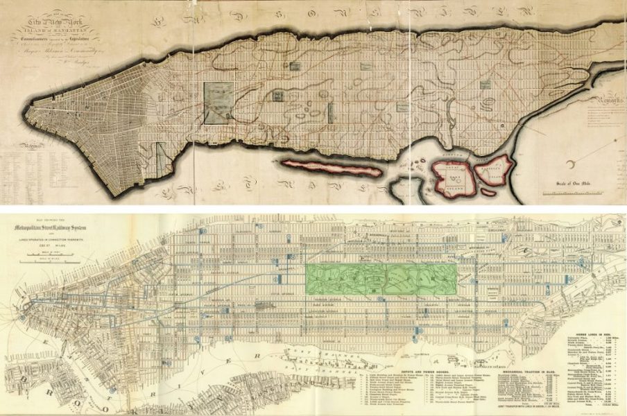 El Plan de los Comisionados de 1811 con la proyección de famosa malla de Nueva York, y un plano de 1899 que ya incluía Central Park y las plazas que finalmente se llegaron a crear.